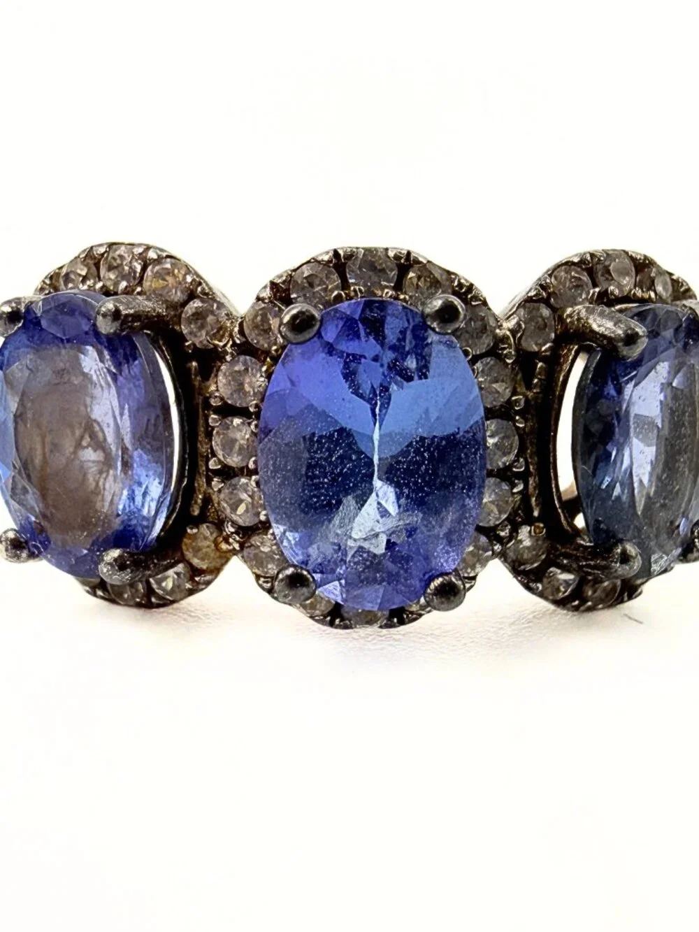 Classic Marked SD Three Stone Halo Amethyst Sterling Silver CZ Trilogy Ring Sz11
